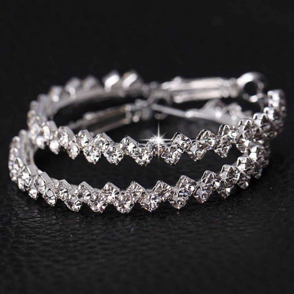 NEW 2'' Silver Round Diamond Hoop Earrings